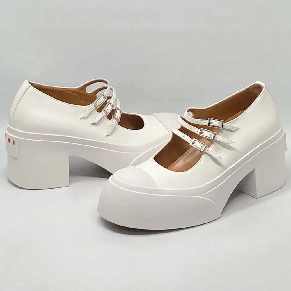 Marni White Pablo Triple-Buckle Mary Jane Heels size 36